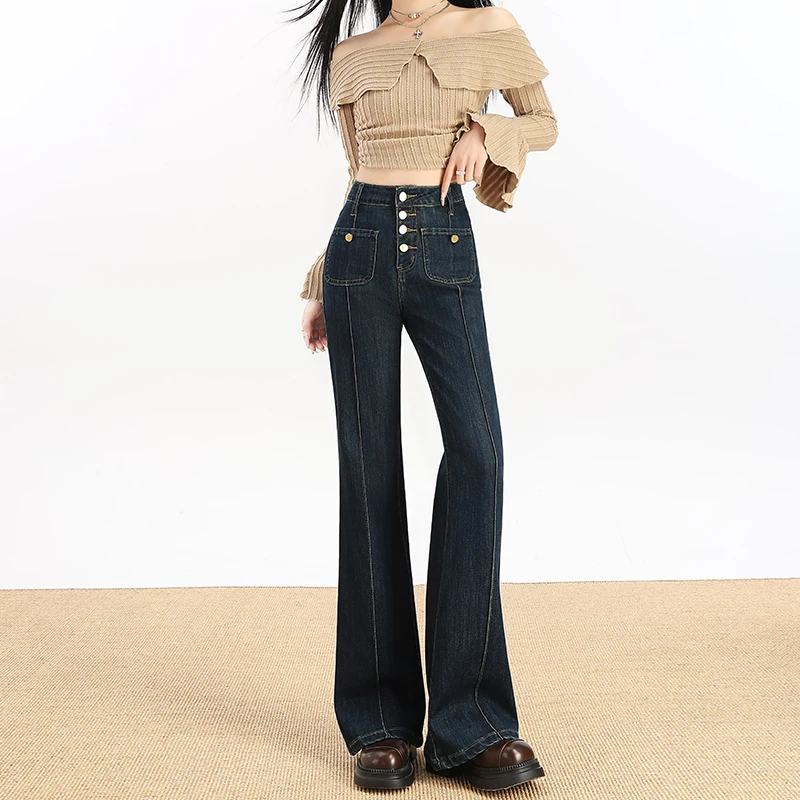 Women's High Waisted Flared Jeans Stretch Denim Button Fly Seam Stitching Retro Bootcut Pants for Casual Streetwear