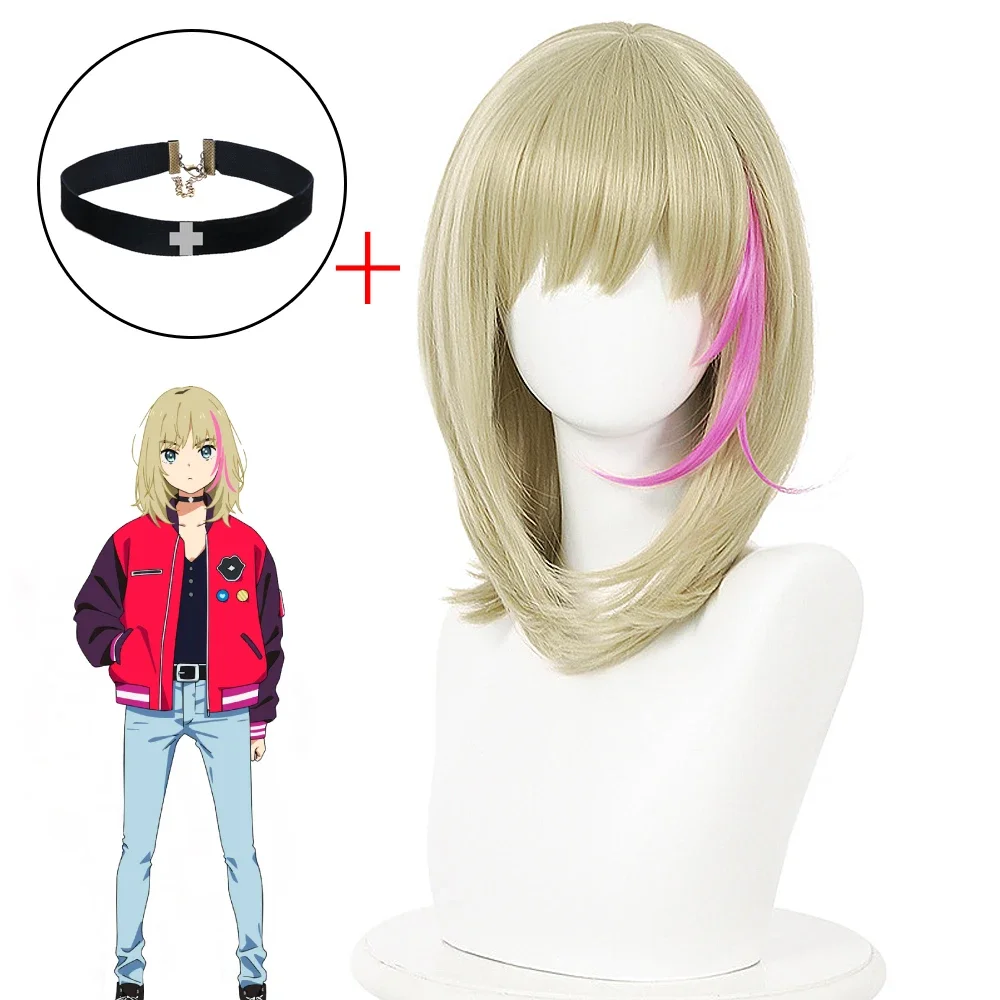 Anime WONDER EGG PRIORITY Rika Kawai Wig Choker Necklace Short Wigs Goden Pink Hair Cosplay Costumes Wigs Props Accessory