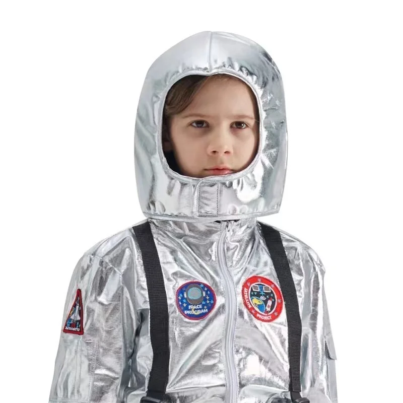 Fato de astronauta prateado para mulher, traje espacial, traje espacial, vestido de festa, adulto e infantil