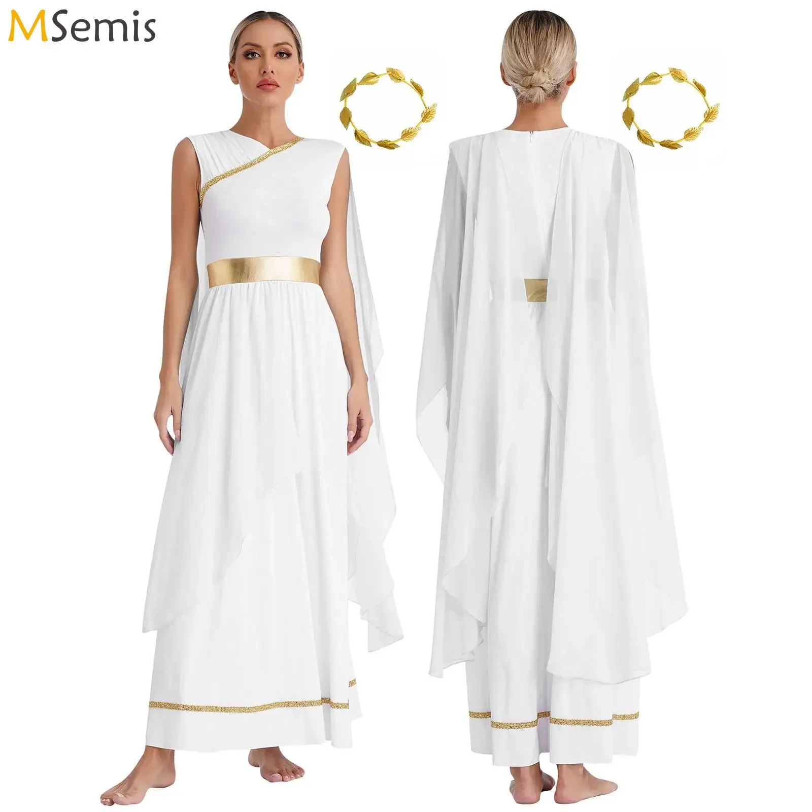 Womens  Greek Deity Princess Toga Dress Ancient Roman Queen Chiffon Cap Sleeve Goddesses Dress Halloween Cosplay Party Dress Up