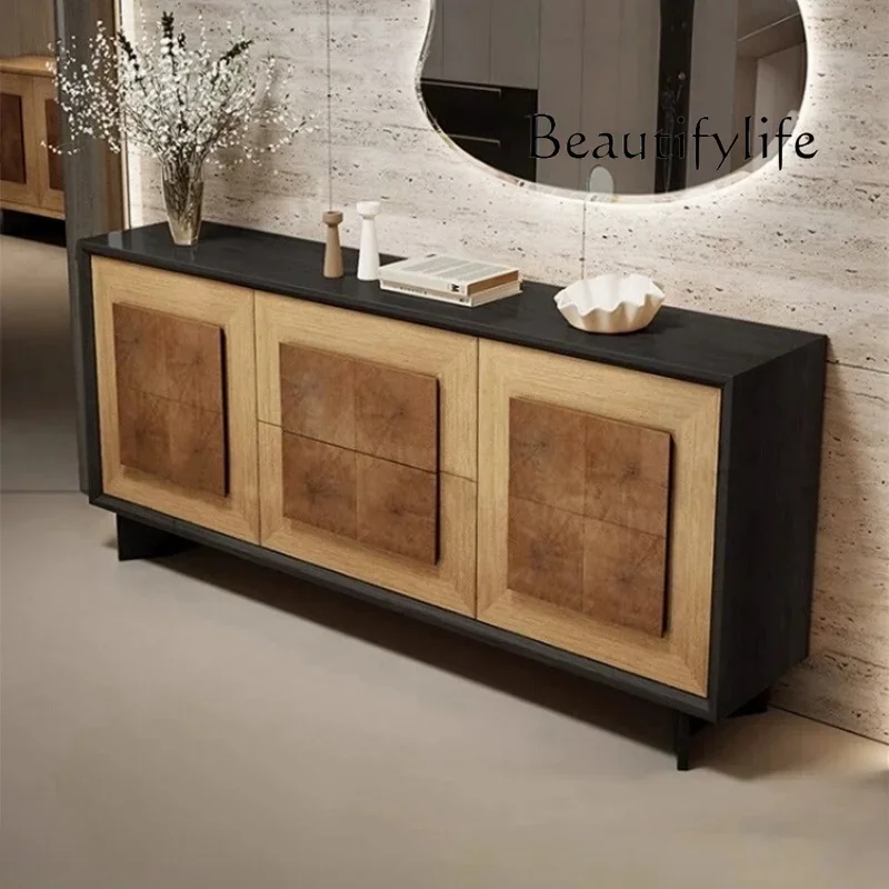 L Medieval solid wood annual ring dining side cabinet, decorative cabinet, light luxury door, entrance cabinet against the wall