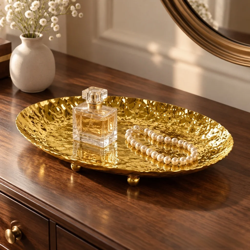 Hammered Gold Metal Decorative Tray with Ball Feet, Wavy Ripple Catchall Tray, Luxury Table Center for Vanity, Entryway & Dinner