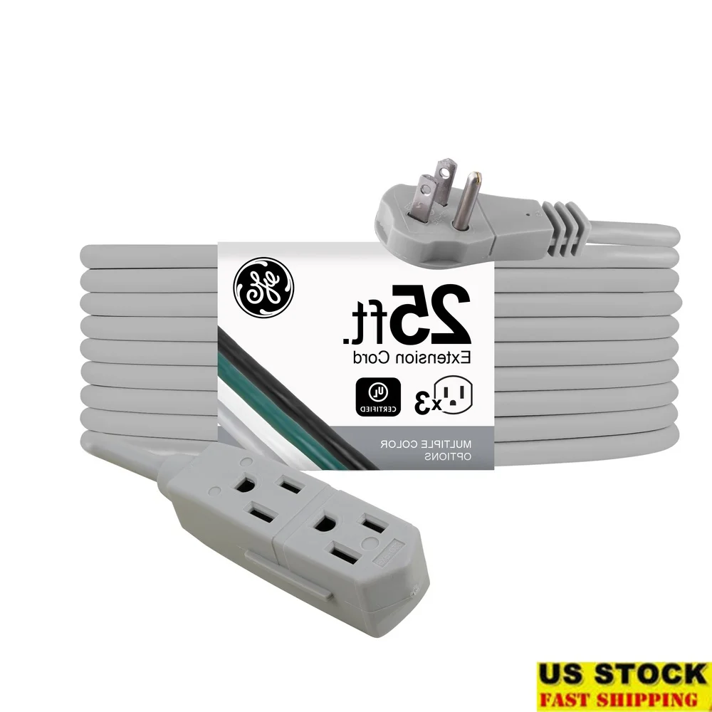 

25 Ft 3-Outlet Flat Extension Cord Grounded Power Strip Indoor 16 Gauge UL Listed Right Angle Plug Space Saving Tangle-Free
