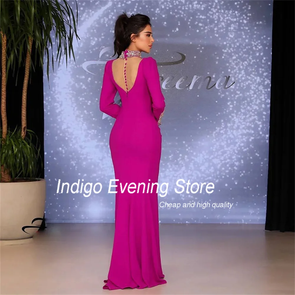 Indigo Prom Dresses Mermaid 2025 Long Sleeve Open Back Slit High Collar Floor-Length Elegant Evening Gown  فساتين الس Customized