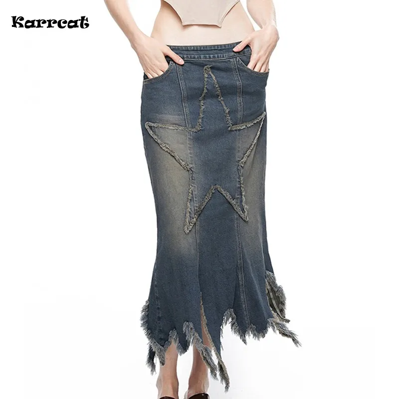 

Karrcat Punk Style Denim Skirt Y2k Aesthetics Irregular Jeans Skirt Harajuku Gothic Maxi Skirt Vintage Grunge Distressed Skirt