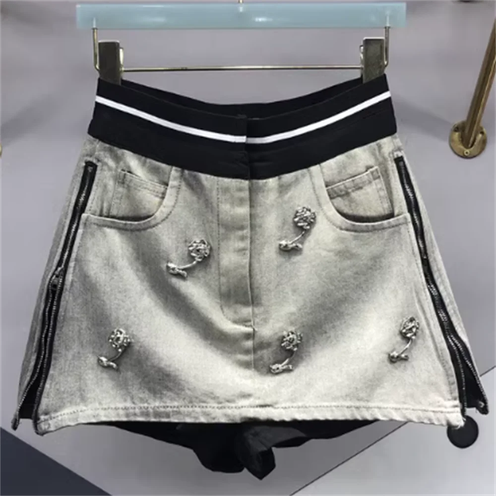 

Summer color zipper design denim skirt female fake two A LINE skirts women