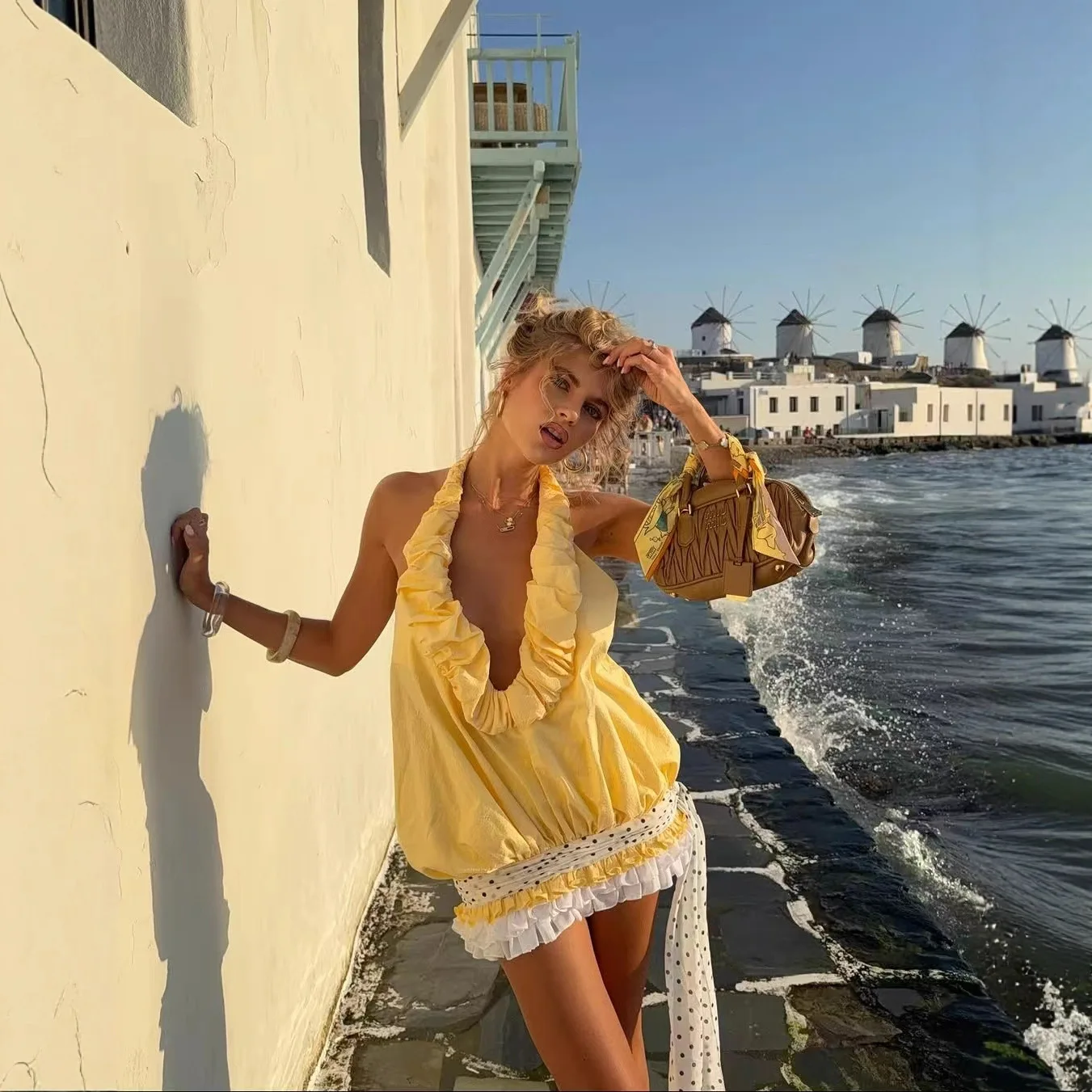 

Spring and Summer 2026 New Neck Pleated Collar Off-the-shoulder Polka Dot Streamer Dress