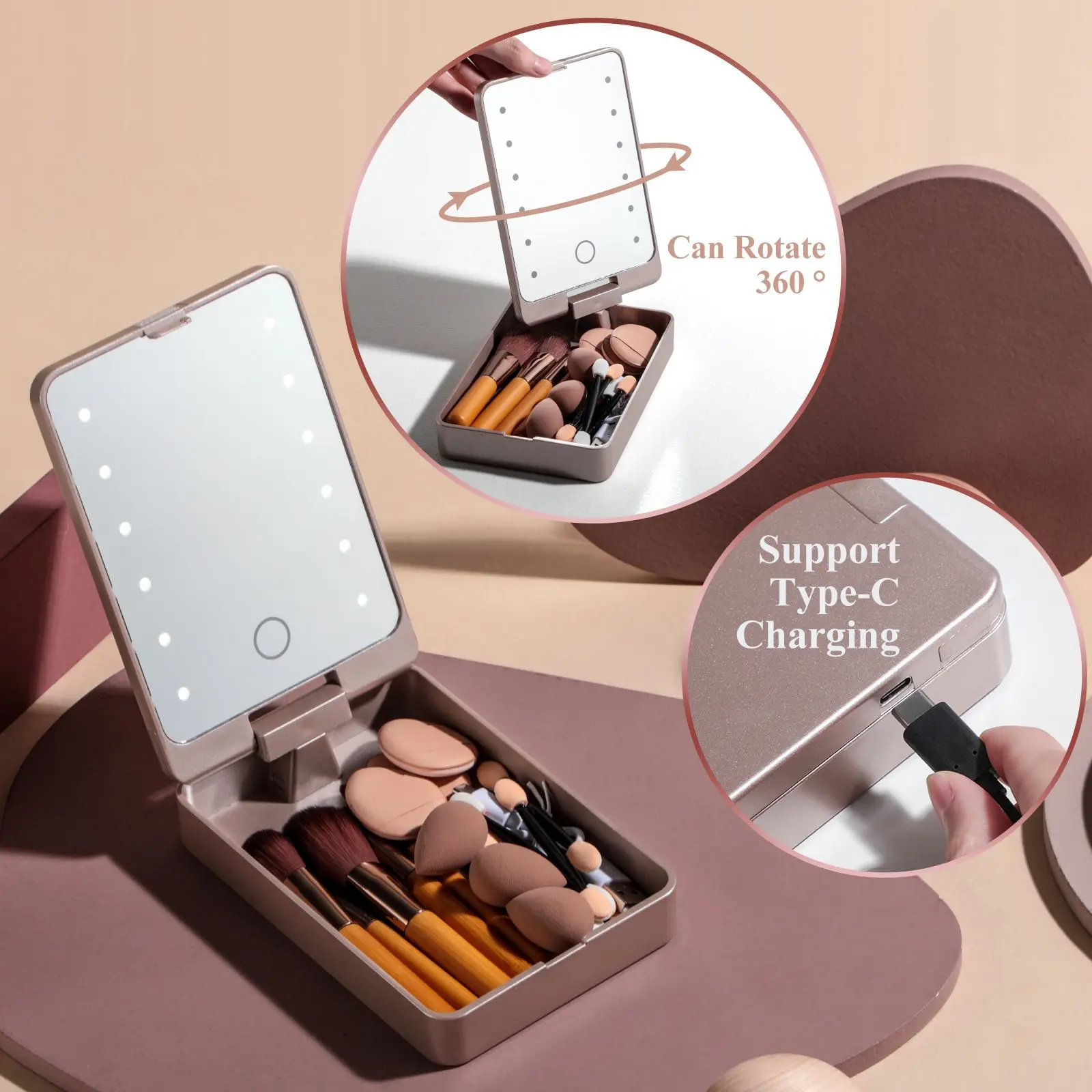 14 pcs Makeup Brushes With LED Mirror Set Portable For Travel Makeup Brush Set Women's Beauty Makeup Kit And Storage Box