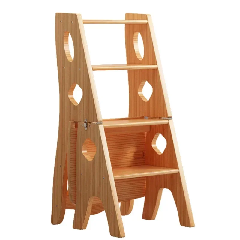 Indoor Solid Wood Folding Ladder Thickened Step Ladder, Stable Climbing Chair, Inverted Design for Safe Use