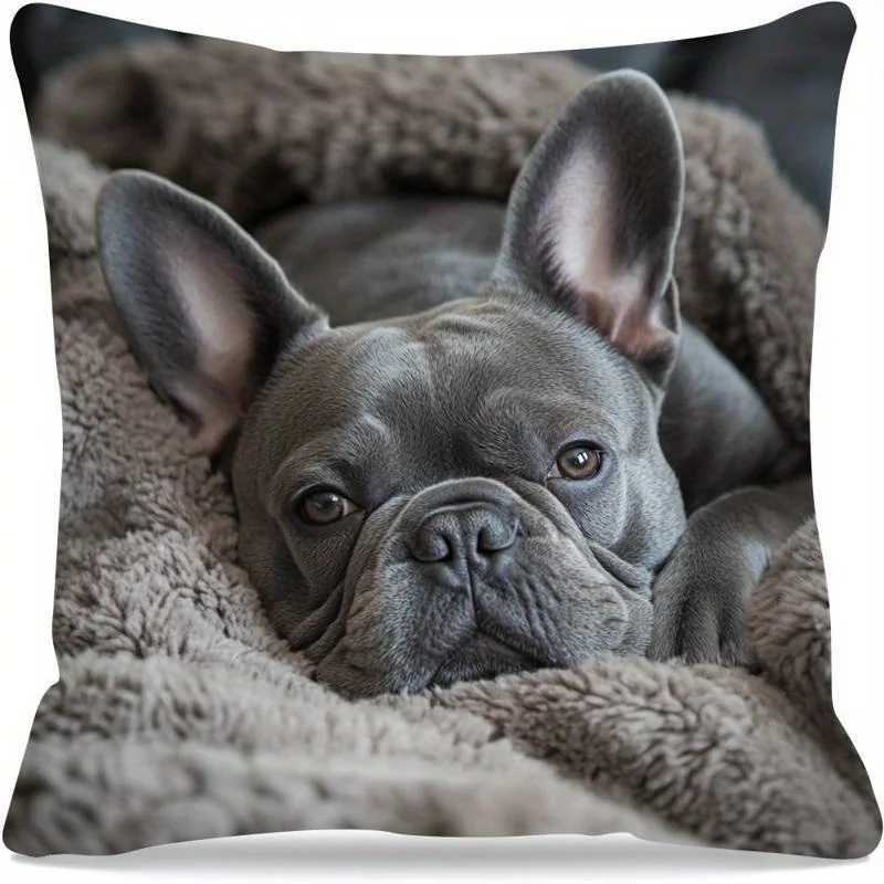 French Bulldog on Fuzzy Blanket Pillow Cover Zipper Closure Single-Sided Print For Home Bedroom Living Room Office Decor