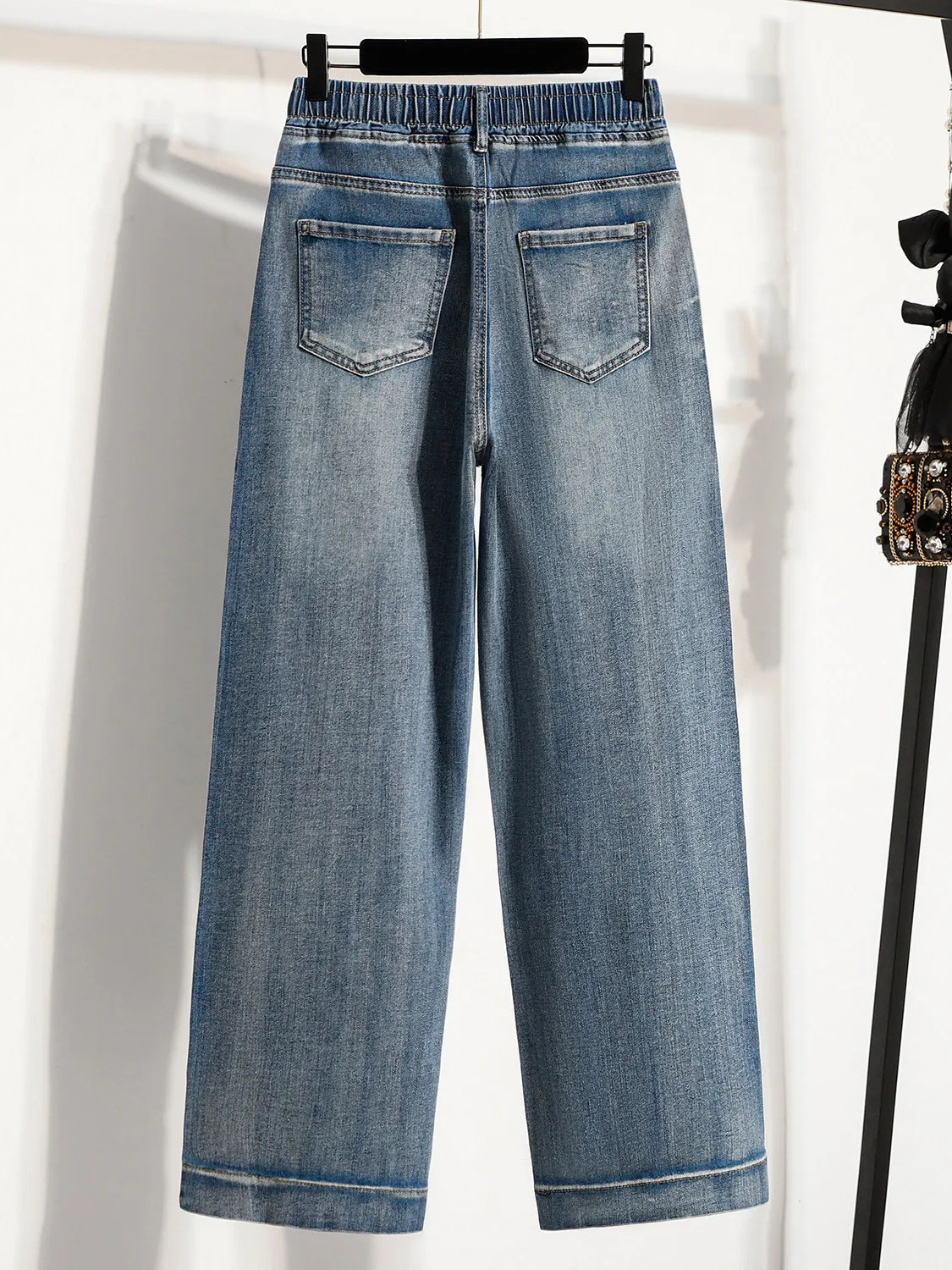 Fashionable Cotton Denim Jeans Women's High Waist Straight Leg Stretchy Spring Slimming Wide Leg Pants Diamond Studded