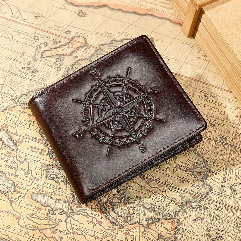 Fashion Men's Crazy Horse Leather Wallet Compass Pattern Rfid Blocking Large Capacity Card Holder Money Clip