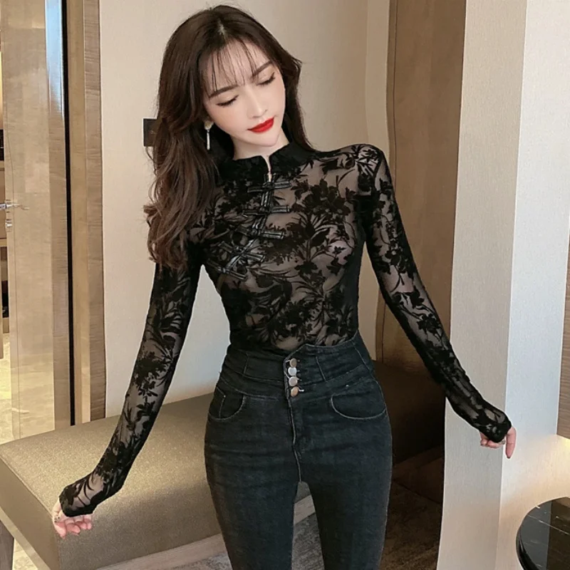 Shirts and Blouses Fashion Lace Woman 2024 Long Sleeve Slim Chinese Turtleneck Black Sexy Top for Women See Through Y2k 11350