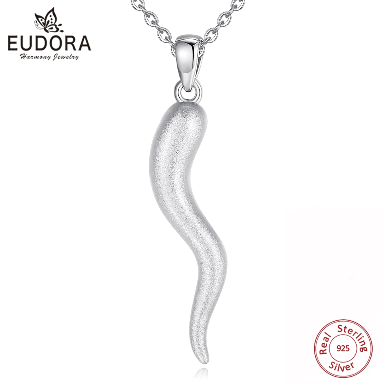 Eudora 925 Sterling Silver Italian Horn Necklace for Women Men Frosted Good Luck Charm Cornicello Amulet Pendant Jewelry Gift