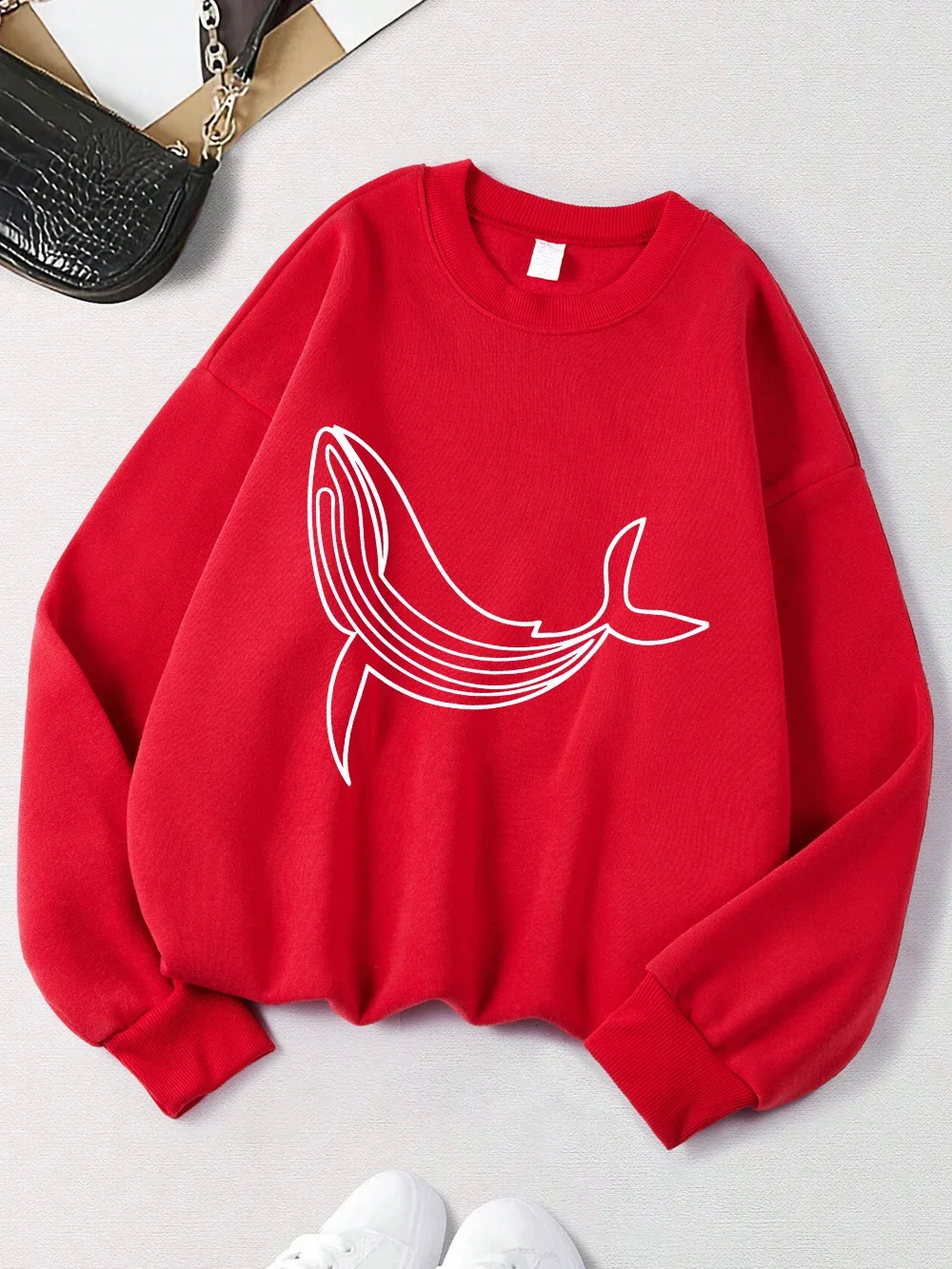 2025 Humpback Whale Printing Sweatshirts Women Winter Warm Hoodies Crewneck Loose Pullover Basics Comfortable Women Clothes