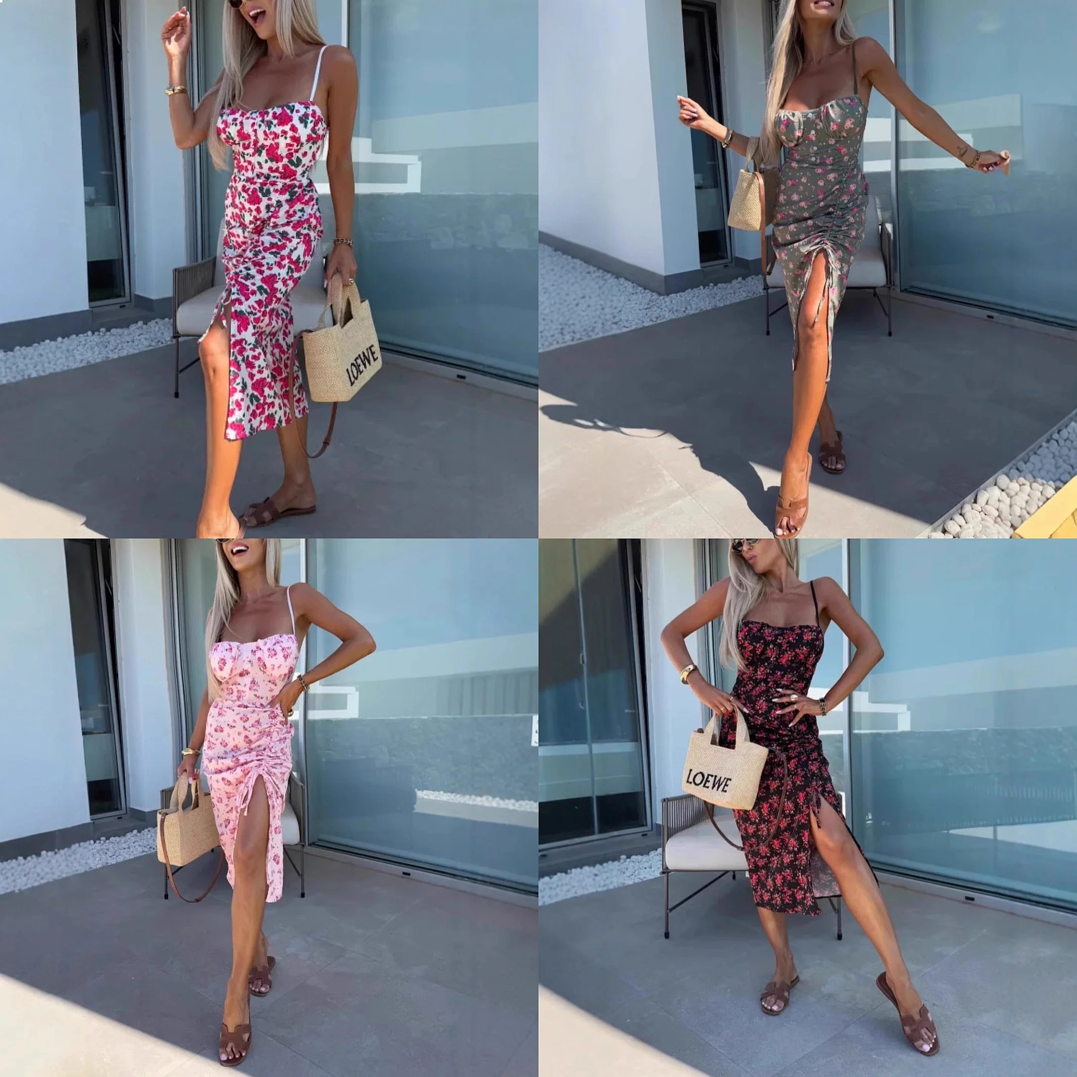 

Sexy Floral Print Dress Satin Sleeveless Dresses for Women Spring Summer Bodycon Split Long Dress