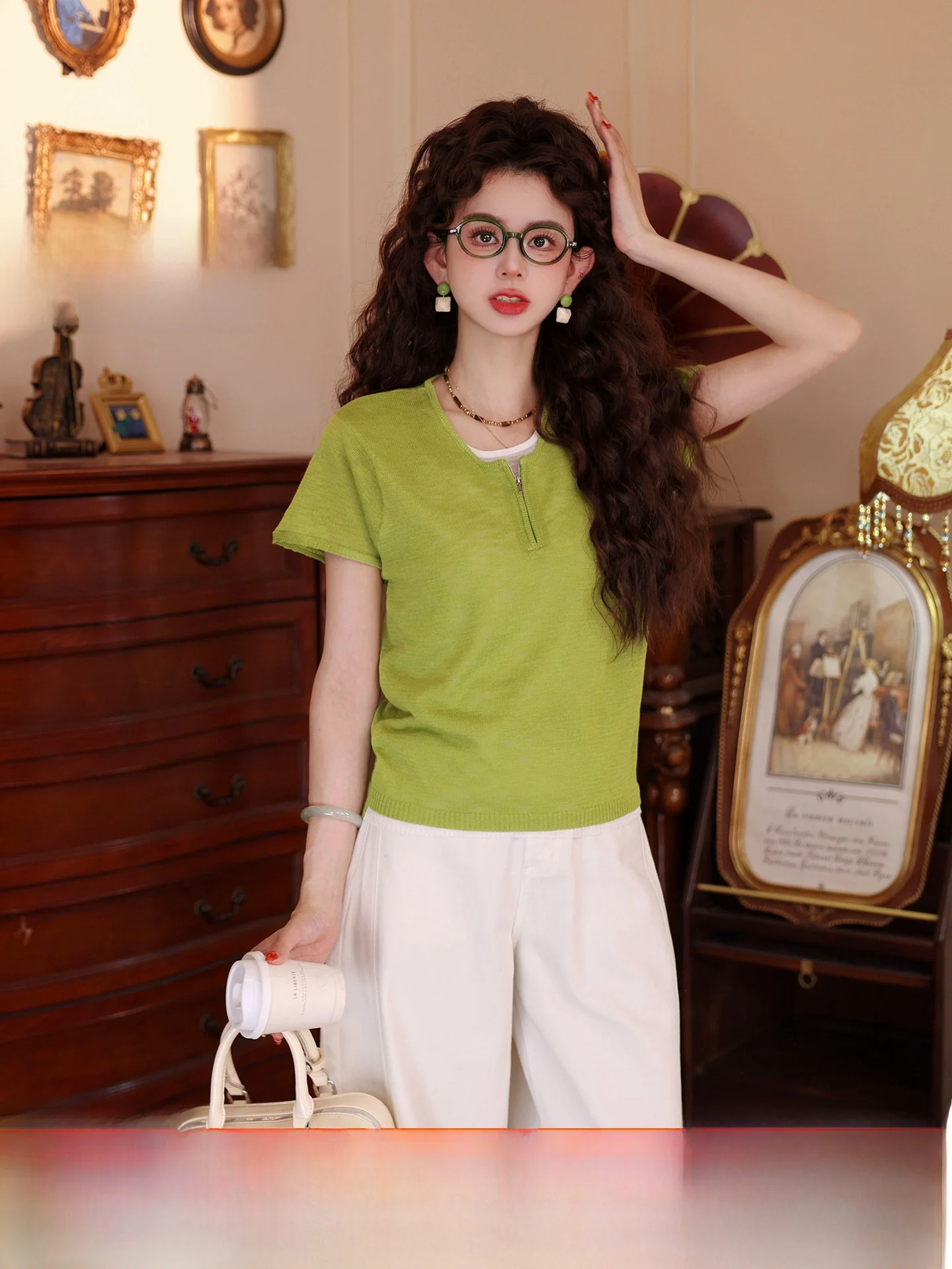 

Spring Rain Green T-Shirt Women's Slimming Commute Short Sleeve 2026 New Style Soft Style High Waist Classic Pattern Bamboo F...