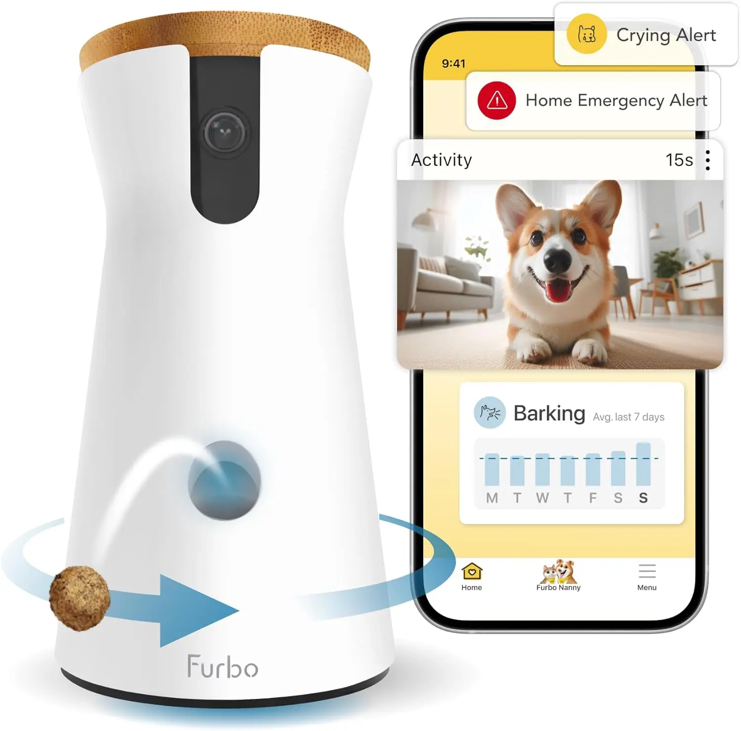 

Furbo Rotating Pet Treat Dispenser Camera with Speaker, Home Security & Dog Safety Alerts, Smart Home Indoor Cam w Phone App