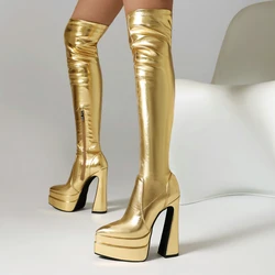 Shiny Golden Silver Pointed Toe Sexy Over-knees Platform Thick High Heels Women Stretch Botas Over-the-knee Shoes Thigh Boots