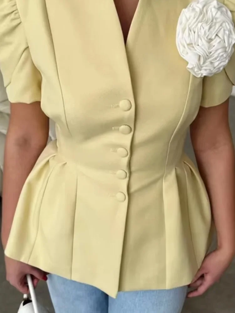 

HH Women Autumn V-neck Single-breasted Short Sleeves Blazer Top Female Chic Pleated 3D Flower Vintage 2-Color Jacket Mujer