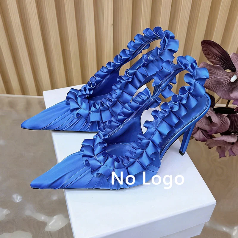 Thin High Heels Runway Shoes Women Pumps Summer Silk Satin Pointed Toe Ruffles Single Shoes Slingback Sandals Party Dress Shoes