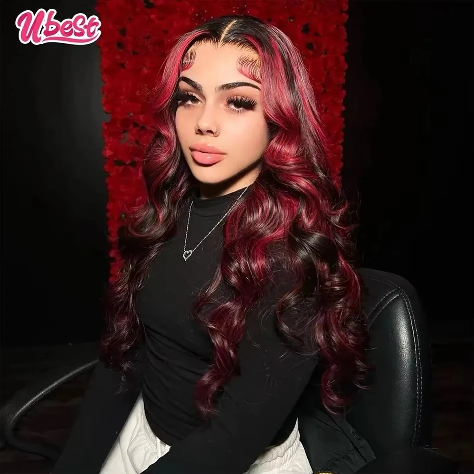 

Ubest 13X6 Transparent Lace Front Wigs Body Wave Human Hair Highlights 1B Red Colored 5X5 Lace Closure Wig Pre Plucked For Women