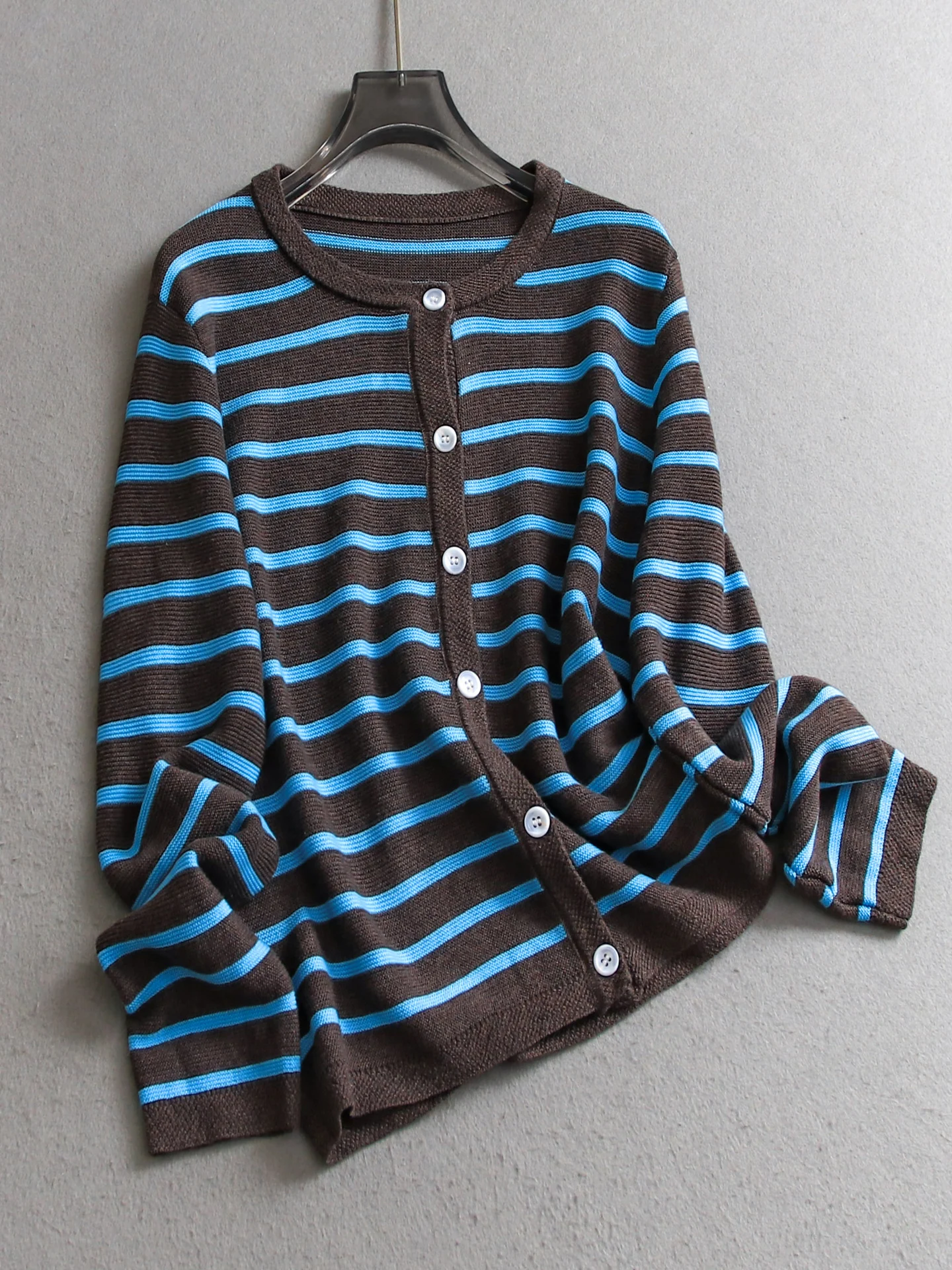 Soft Skin-Friendly round Ne Long Sve Women's Knitted Cardigan Versatile Striped Color Blo Outerwear Autumn New Arrival