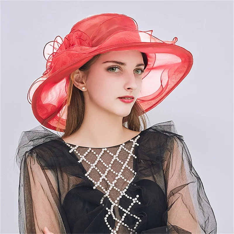 Women's Elegant Flower Organza Sun Hat Breathable Summer Wide Brim Visor Caps for Seaside Beach Party Outdoor