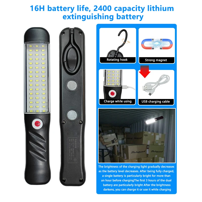 Portable Magnetic Auto Repair Work Light USB Rechargeable LED Flashlight With Magnet Hook For Car Repair Fishing Emergencies