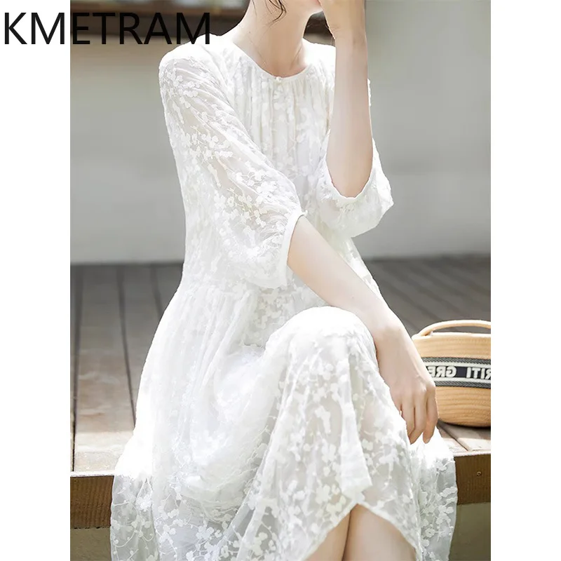 KMETRAM High End Mulberry Silk White Dress Summer Hollow Embroidery Dresses for Women A-Line Women's Clothing Robe Femme Été