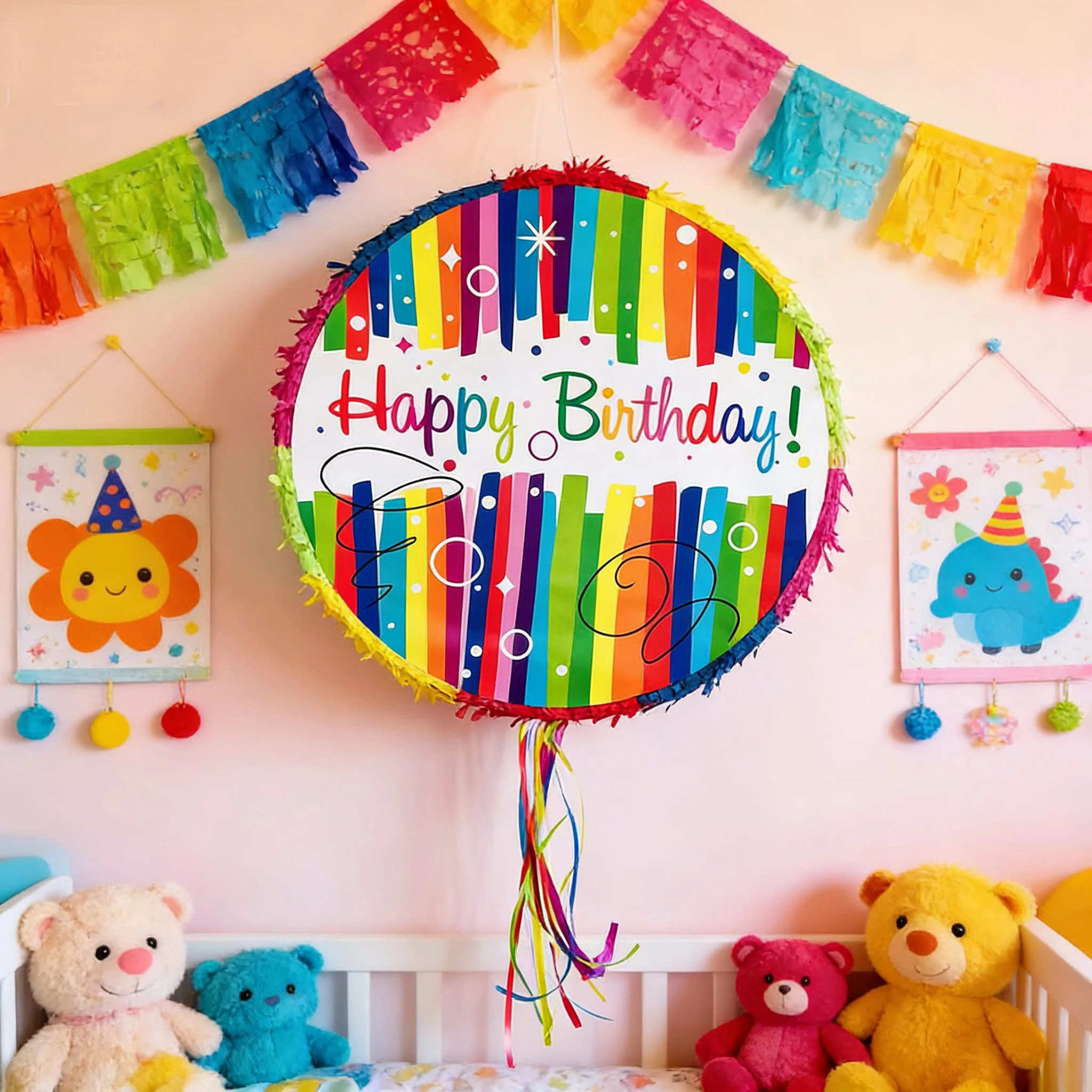 1PC/BOX Round Birthday Pinata Colorful Pinatas Pull String for Birthday Party Supplies, Can Be Filled with Candy Gifts for Party