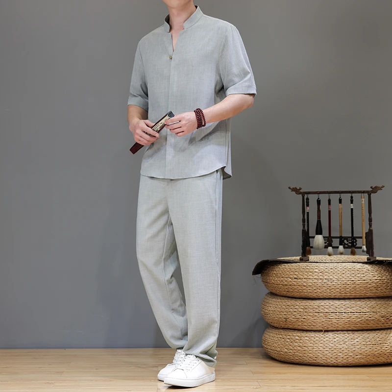 2025 Summer Men Chinese Style Short Sleeve Shirt Sets Men Top Hanfu Suit 2Pcs Tang Suits Male Casual Vintage Linen Shirts +Pants