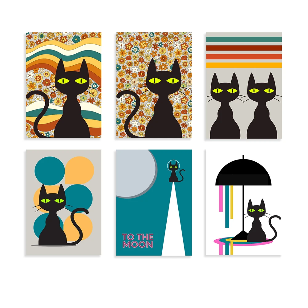 

Mid Century Modern Art, Cat Lover Print Gift, 1950s Mod Decor, Black Cat Print, Retro Geometric Poster, Cat Pop Art Print