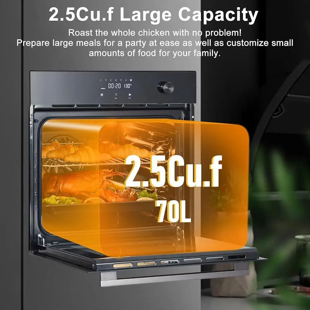 เตาอบไฟฟ้าติดผนังขนาด 24 นิ้วเตาอบพิซซ่าในร่มสแตนเลสในตัว 8 โหมดทําอาหารตัวจับเวลามัลติฟังก์ชั่นการออกแบบทําความสะอาดง่าย