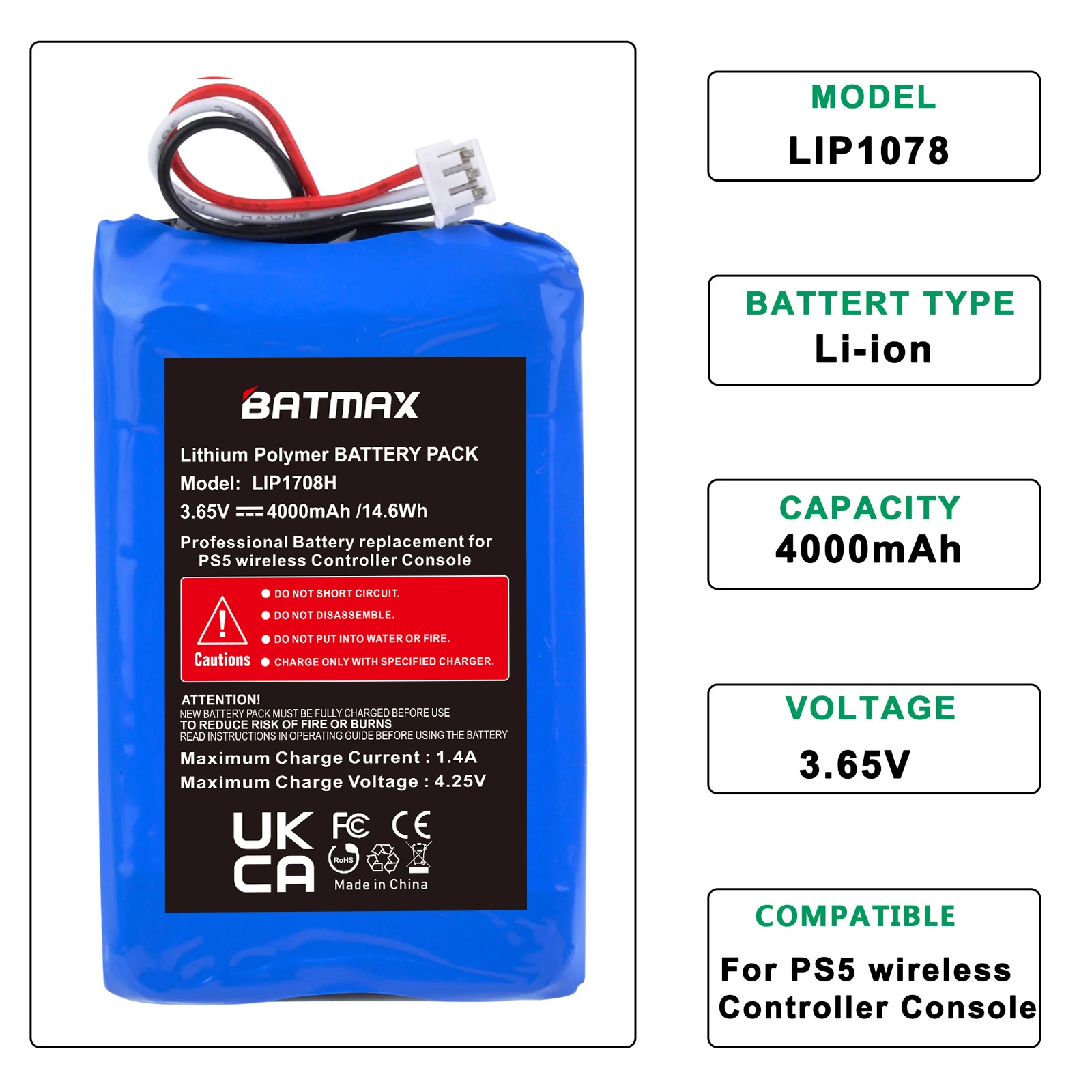 Batmax 4000mAh Rechargeable Battery for Sony PS5 LIP1708  DualSense Game Controllers Higher Power