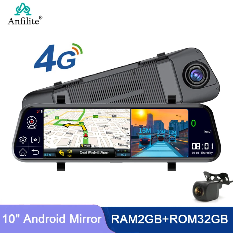 Anfilite 10 Inch 2GB+32GB Android 8.1 4G Car DVR WiFi GPS Dash Camera Rear Mirror 24H Parking Monitor Auto Recorder