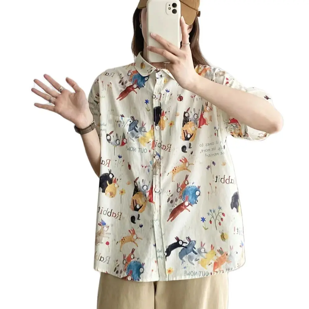 New Spring Cotton Sweet Shirt Women Short Sleeve Cartoon Printed Top Girl Loose Literature OL Blouses 2024 Summer T45817QM