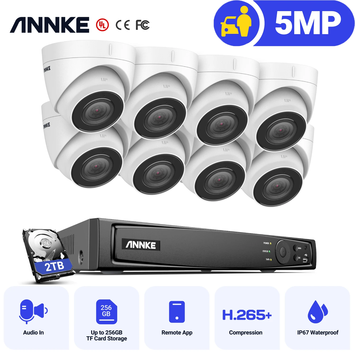 ANNKE 5MP H.265+ 16CH PoE Network Video Security System 8pcs 2.8mm Lens IP67 Outdoor POE IP Cameras Plug & Play PoE Camera Kit