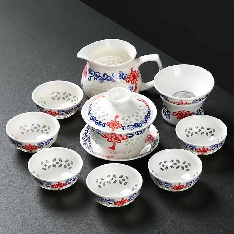 青と白のセラミックティーポット gaiwan ティーカッププーアル中国カンフー茶セット、スプーン