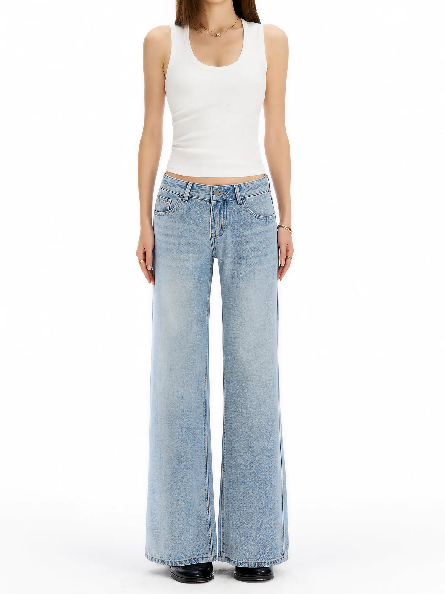 

Low Waist Wide Leg Blue Jeans Women's Loose Drapey Floor-Length Straight Cut Trousers Casual Style Spring New Arrival