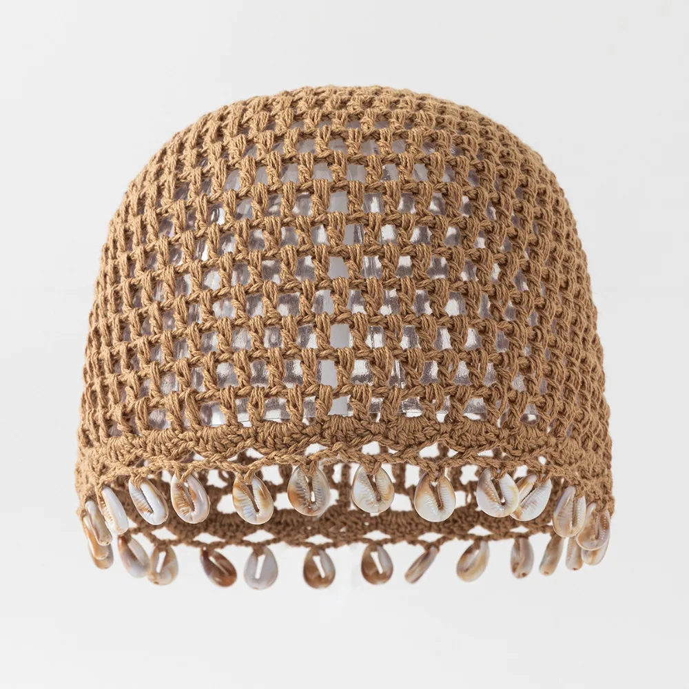 Cotton Crochet Shell Beanie Hat Shell Fringe Hollow Out Bohemian Beanie Hat Breathable Crochet Knit Hollow Out Knit Cap