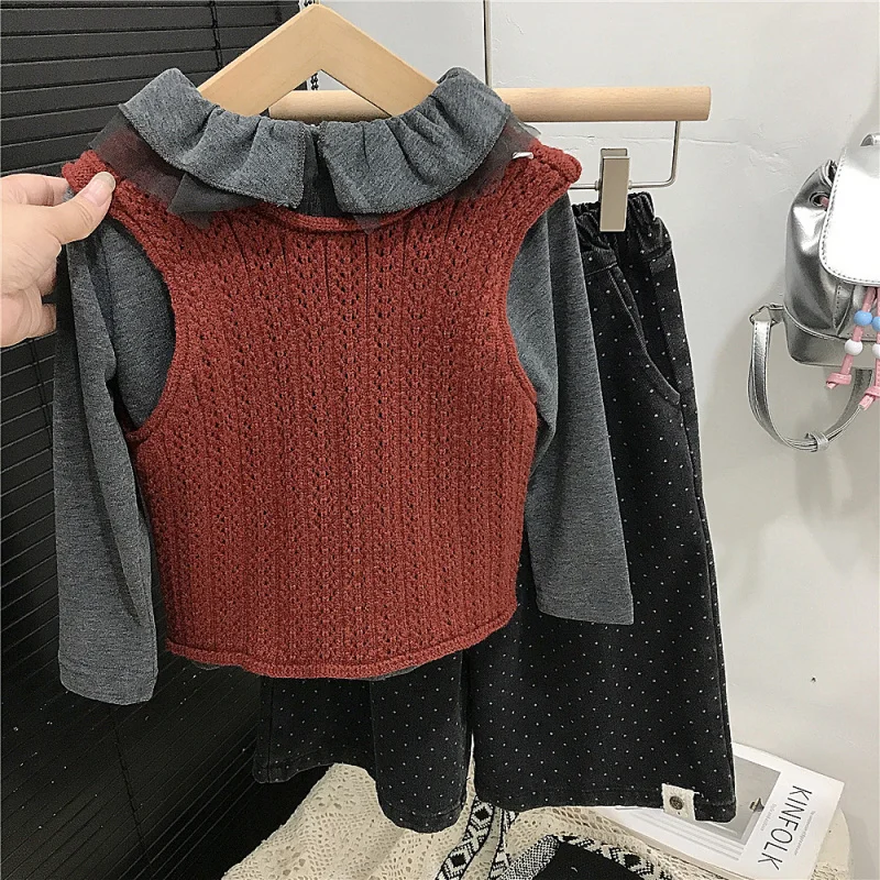 

Girls' Outfit Spring and Autumn New Fashionable Casual Autumn Wear Baby Girl Sweater Vest Long Sleeve Three-Piece Set