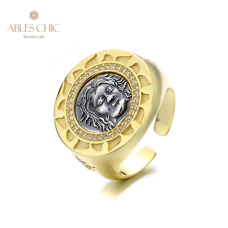 

Greek Helios Silver Coin 18K Gold Two Tone Solid 925 Silver Roman Coins Open Vintage Ring R1018