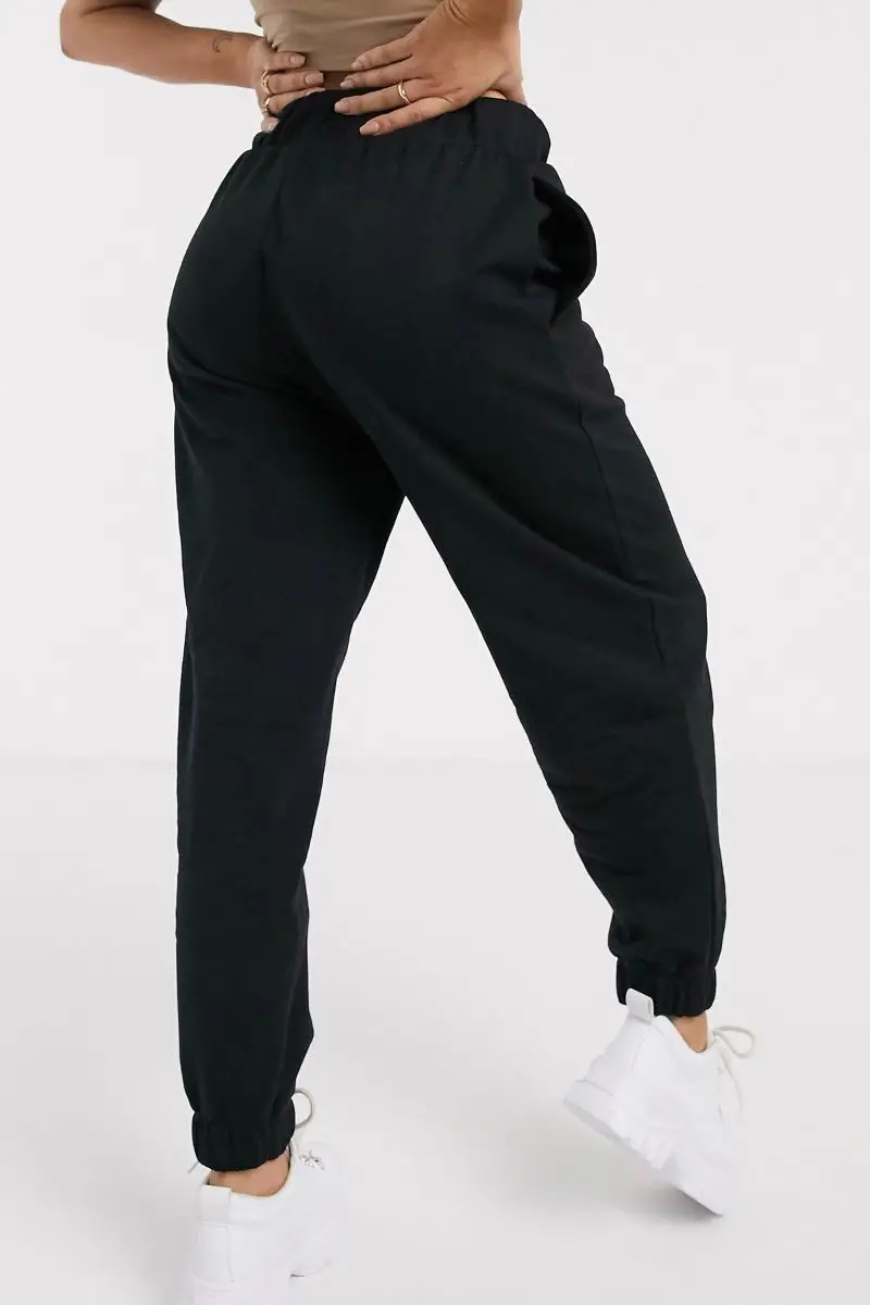 Pantalones de chándal básicos de algodón negro para mujer