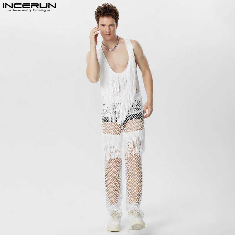 

INCERUN 2024 American Style Sets Fashion Sexy Men's Tassel Hollow See-through Vests Pants Casual Streetwear Two-piece Sets S-5XL