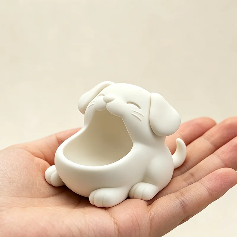 3D Printing Ring Holder - 3Dプリント製の口が開いた犬の置物、可愛い子犬の小物入れ、卓上ジュエリーホルダー（指輪、鍵、小物用）