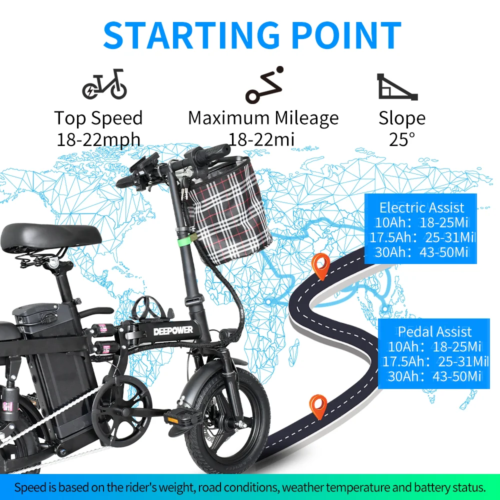 IDOTAT Bicycle Foldable Electric Bike W/ Seat & Basket 14\'\' 48V 10Ah 400W Motor 22Miles Range 20 MPH Top Speed Ebike for Adults