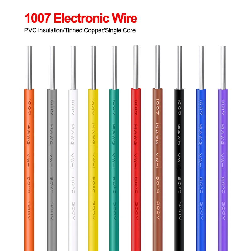 3m 10ft 1007 Electric Copper Wire 26 24 22 20 18 16 14AWG Single Core  PVC Insulated Solid Line Tinned Plating Electric Cable