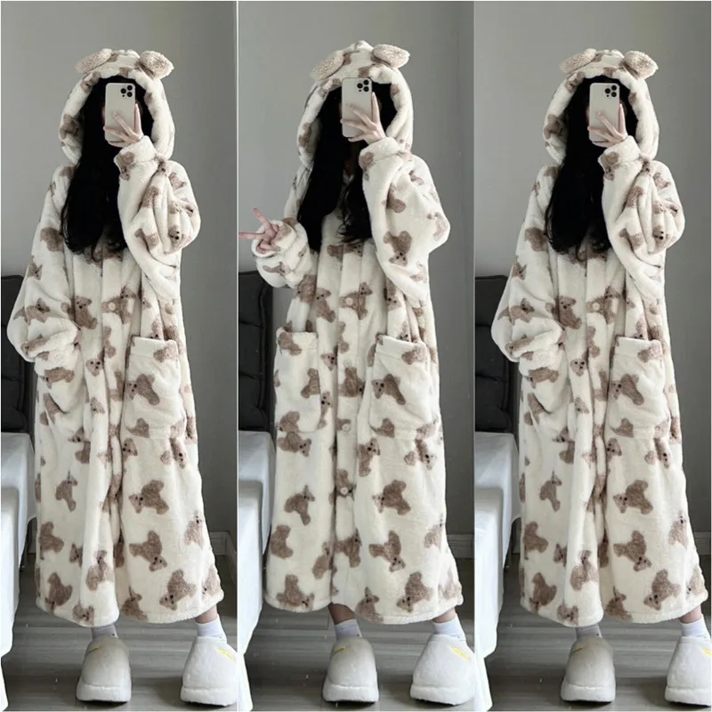 Women Autumn Winter Warm Flannel Nightgown Thickened Long-sleeved Pajamas Coral Velvet Button Hooded Casual Loose Sleepwear