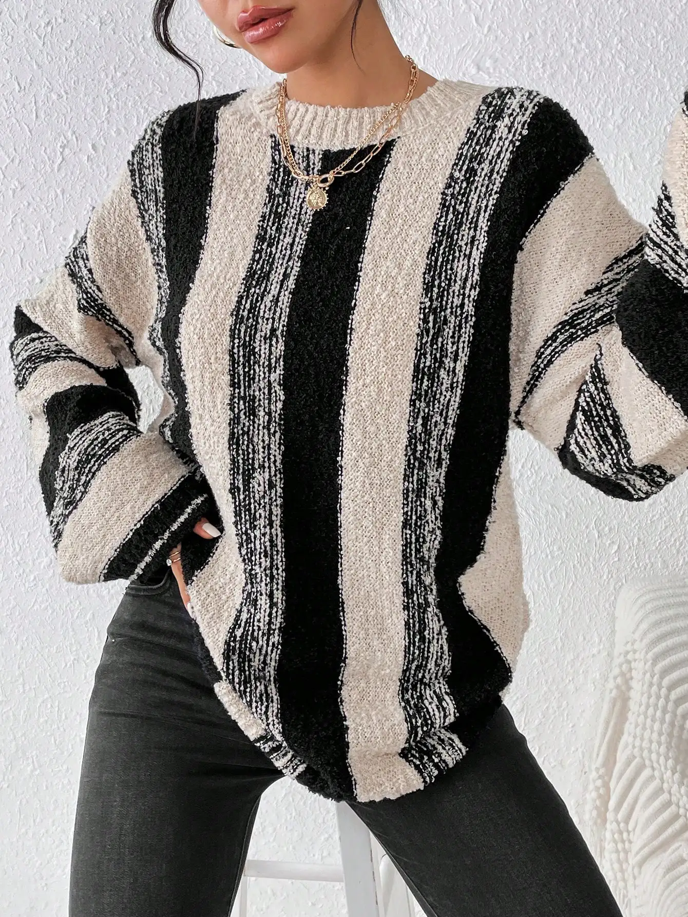 

Loose Fit Striped Knit Pullover Sweater with Drop Shoulders for Fall Winter